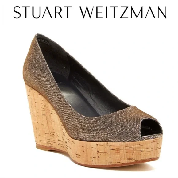 STUART WEITZMAN CORKSWOON BRONZE GLITTER CORK PLATFORM WEDGE SHOES SIZE … - Picture 1 of 16